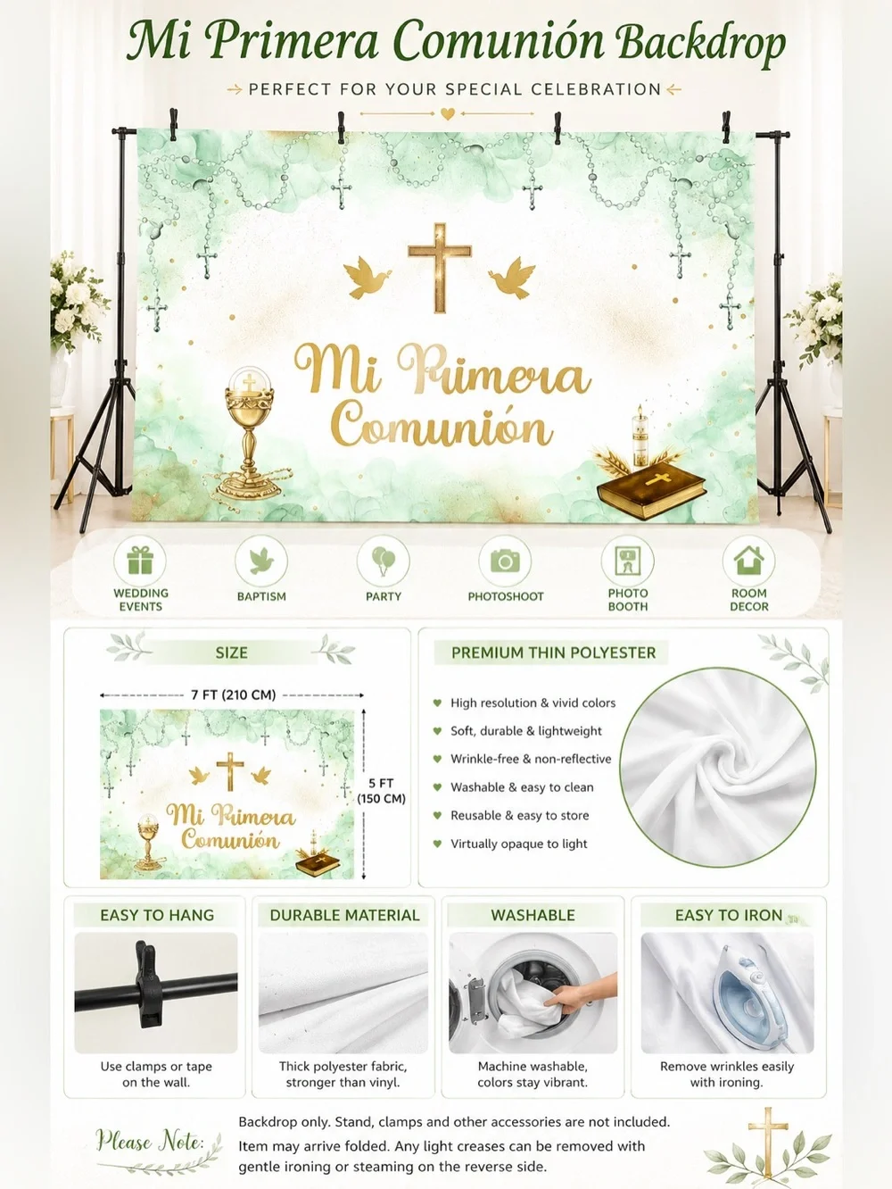 Mi Primera Comunión Green & Gold Backdrop - First Communion Party Decor 7x5ft